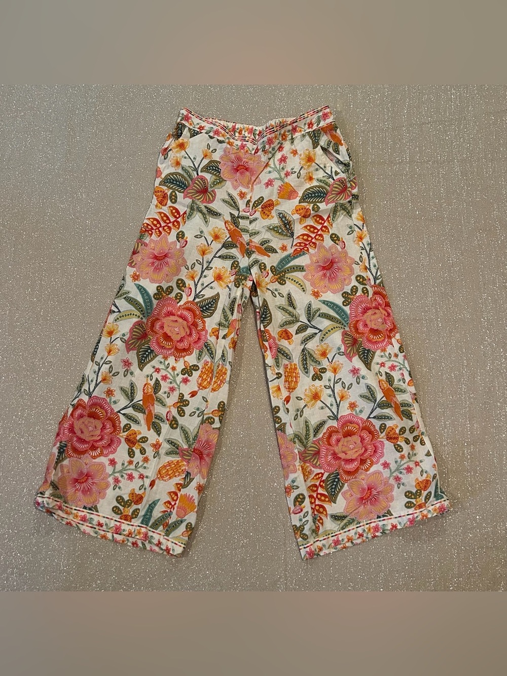 Rachel Zoe Breezy White and Orange Floral Wide Leg Pants, size M